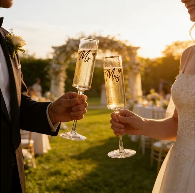 Luxusné svadobné poháre "Mr & Mrs" so zlatým okrajom a gravírovaním
