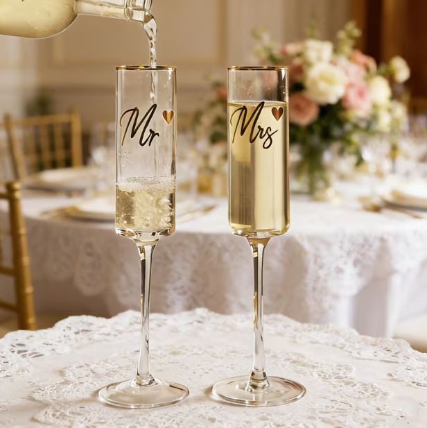 Luxusné svadobné poháre "Mr & Mrs" so zlatým okrajom a gravírovaním
